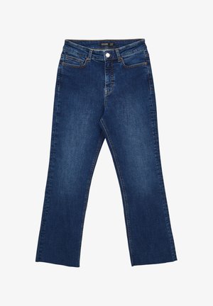 Jeans in denim blu scuro con design a gamba dritta, cinque tasche, chiusura con bottone e zip, e dettagli di cucitura sottili lungo le cuciture.