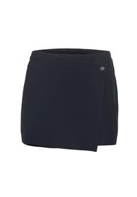 Gonna avvolgente blu navy realizzata in tessuto testurizzato, presenta una chiusura a bottone e un orlo dritto. Il design è semplice e minimalista.