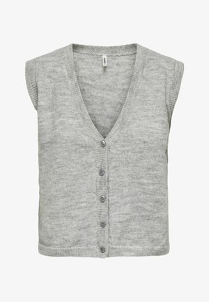 Veste grise tricotée avec un col en V, des manches courtes et une fermeture à cinq boutons. Texture douce avec une finition lisse, idéale pour être portée en superposition.