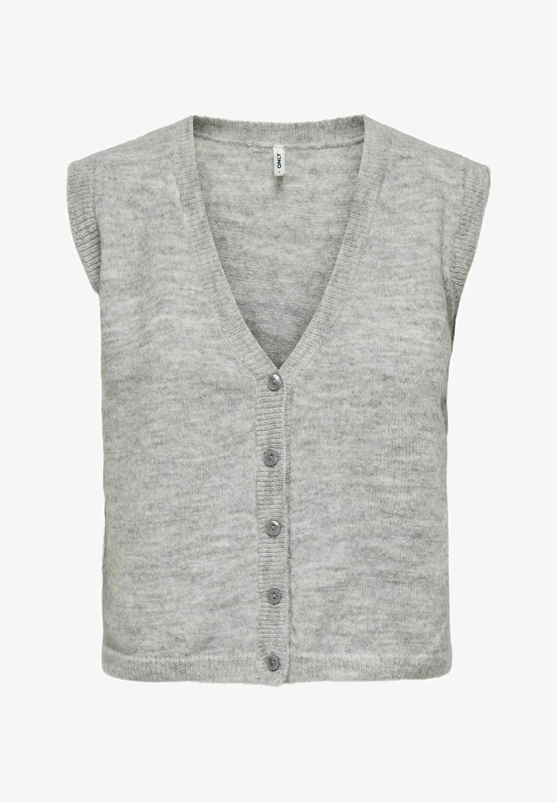 Veste grise tricotée avec un col en V, des manches courtes et une fermeture à cinq boutons. Texture douce avec une finition lisse, idéale pour être portée en superposition.