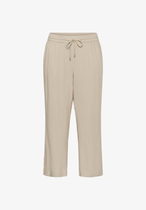 Pantaloni bej cu croială lejeră, cu talie elastică și șnur, cu picioare drepte, realizați din material ușor.