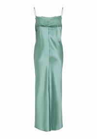 Robe nuisette en satin vert menthe avec bordure en dentelle au niveau du buste et fines bretelles spaghetti, longueur au sol avec une couture centrale.