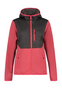 Giacca con cappuccio in rosa e grigio scuro, con mezza zip frontale, due tasche laterali e una tasca sul petto con una zip a contrasto.