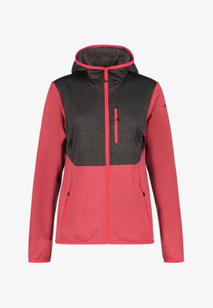 Veste à capuche rose et gris foncé, dotée d'une fermeture éclair demi-zip, de deux poches latérales et d'une poche poitrine avec une fermeture éclair contrastante.