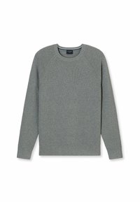 Grauer Strickpullover mit klassischem Rundhalsausschnitt, geripptem Muster und Raglanärmeln. Hat ein sauberes, minimalistisches Design.