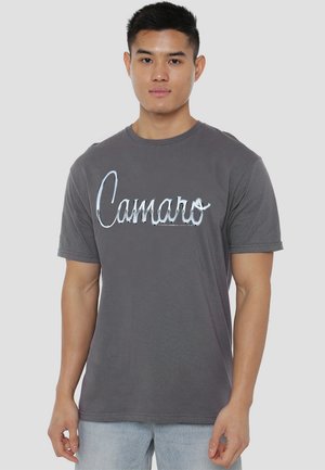 Gray cotton t-shirt with short sleeves, featuring a prominent light-colored "Camaro" text design on the front. Casual fit.