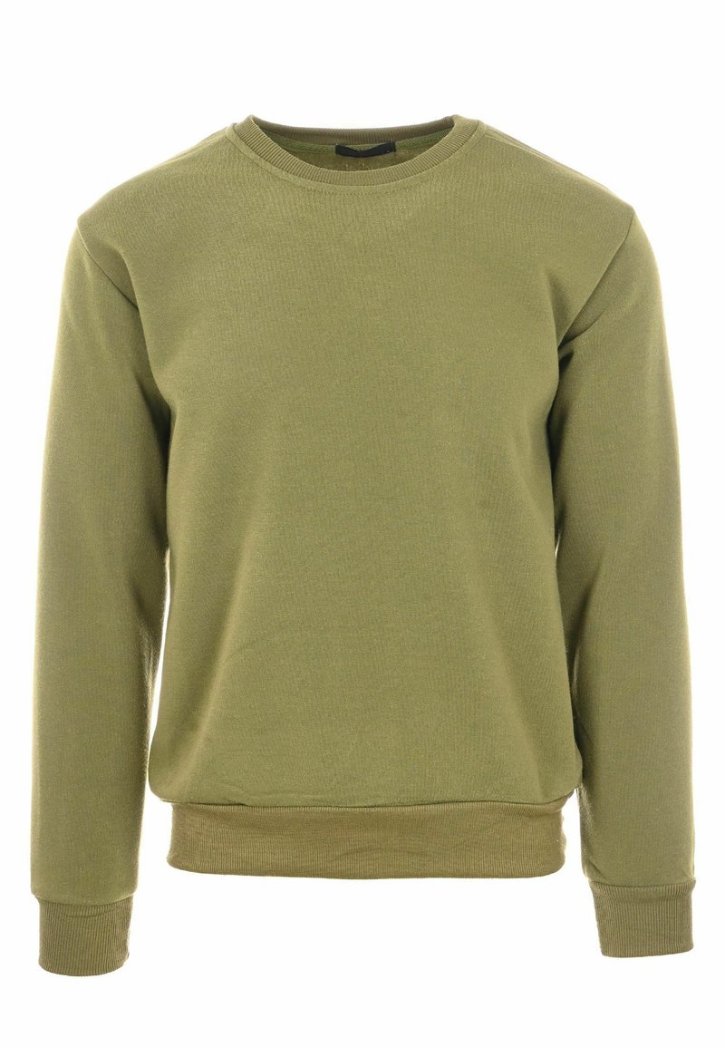 Felpa verde oliva con maniche lunghe, scollo a girocollo, polsini e orlo a coste, realizzata in un tessuto misto cotone testurizzato.