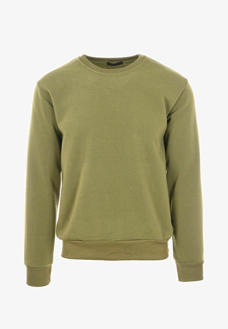 Felpa verde oliva con maniche lunghe, scollo a girocollo, polsini e orlo a coste, realizzata in un tessuto misto cotone testurizzato.