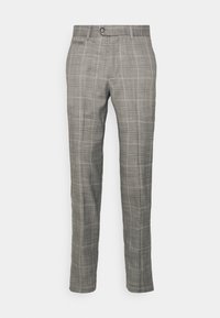 Gray plaid trousers featuring a slim fit, with a button closure and side pockets, made from a lightweight fabric.