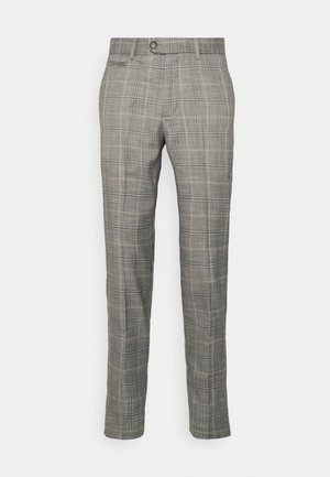 Pantalones a cuadros grises con un corte ajustado, cierre de botón y bolsillos laterales, fabricados en una tela ligera.