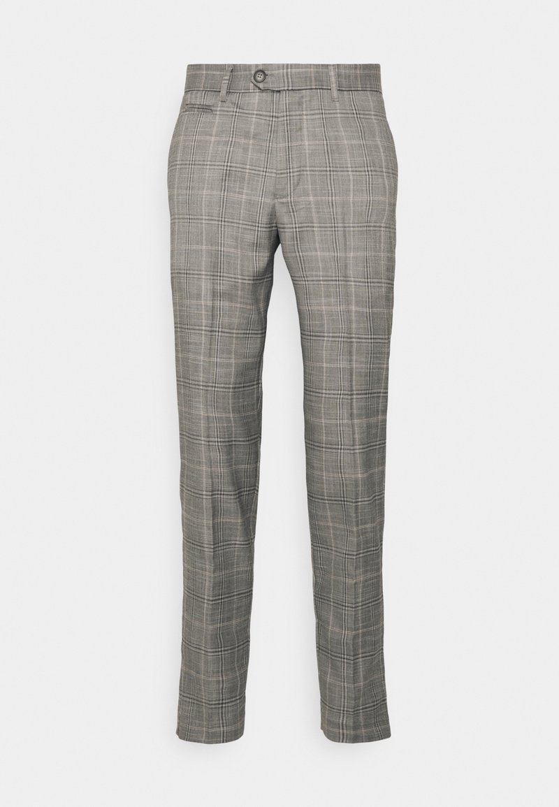 Gray plaid trousers featuring a slim fit, with a button closure and side pockets, made from a lightweight fabric.