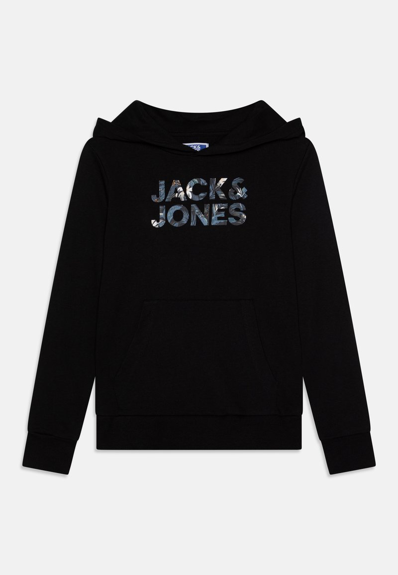 Černá mikina s kapucí vyrobená z měkké tkaniny, s přední kapsou a grafickým potiskem "JACK & JONES" v pestrobarevném provedení.