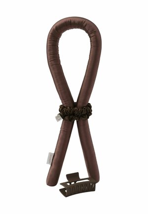 Brown padded fabric hair curler with attached scrunchie and separate brown plastic hair claw clip.