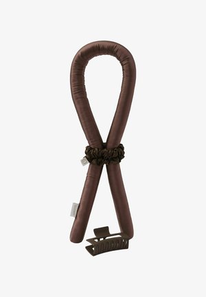 Brown padded fabric hair curler with attached scrunchie and separate brown plastic hair claw clip.