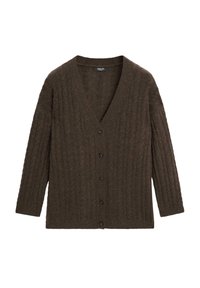 Bruine geribbelde cardigan met een V-hals, zeven knopen aan de voorkant en lange mouwen. Gemaakt van gestructureerd breimateriaal, met een ontspannen pasvorm.