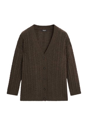 Brauner gerippter Cardigan mit V-Ausschnitt, sieben vorderen Knöpfen und langen Ärmeln. Aus strukturierter Strickware gefertigt und mit einer lockeren Passform.