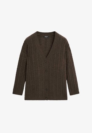 Brązowy kardigan w prążki z dekoltem w serek, siedmioma guzikami z przodu i długimi rękawami. Wykonany z teksturowanego materiału dzianinowego, w luźnym fasonie.