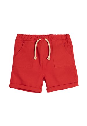 Shorts en coton rouges avec une taille élastique, cordon de serrage crème et deux poches plaquées à l'avant. Présente des ourlets roulés pour un look décontracté.