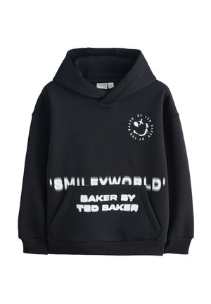 Czarna bluza z kapturem z białym napisem "SMILEYWORLD" i "BAKER BY TED BAKER" oraz małym logo z uśmiechniętą buźką na piersi.