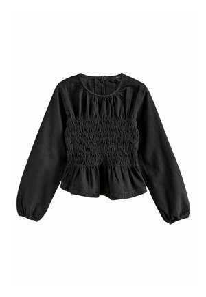 Top nero a maniche lunghe con corpetto arricciato, scollatura rotonda, dettagli arricciati e polsini elasticizzati, realizzato in tessuto leggero.