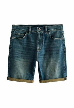 Ciemnoniebieskie szorty dżinsowe z podwiniętymi nogawkami, zapinane na guzik i zamek błyskawiczny, z pięcioma kieszeniami, oznaczone jako prosty krój.