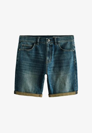 Dunkelblaue Jeansshorts mit umgeknickten Säumen, Frontknopf, Reißverschluss und Fünf-Taschen-Design, mit dem Etikett "gerade Passform".