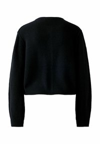 Pull cropped noir à manches longues avec des poignets et un ourlet côtelés, vu de dos sur un fond blanc.