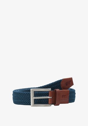 Cintura intrecciata blu con un design testurizzato, caratterizzata da una fibbia in metallo argento e dettagli in pelle marrone su entrambe le estremità.