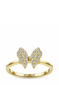 Guldring med en fjärilsdesign, prydd med klara stenar. Slät band, polerad yta och ingraverad med "SIF JAKOBS."