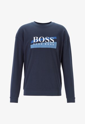 Navy blue long-sleeve sweatshirt with round neck, featuring "BOSS HUGO BOSS" logo in white and blue across the chest.