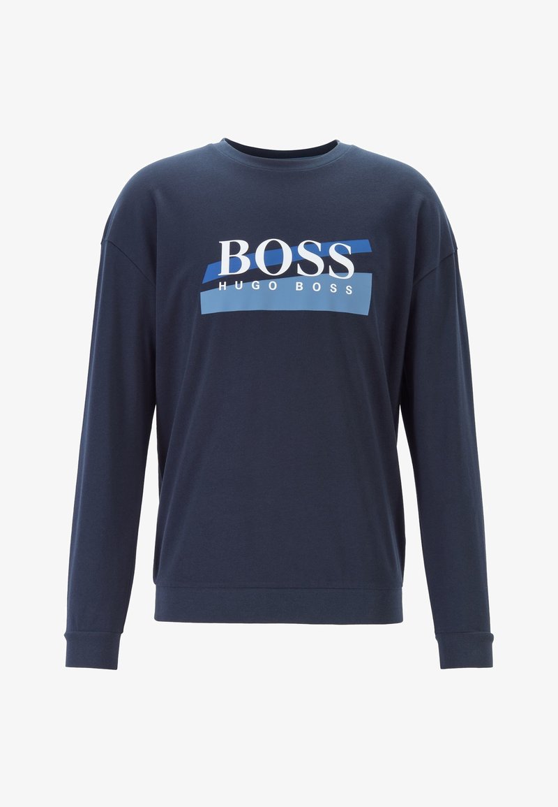 Sweat-shirt bleu marine à manches longues avec col rond, arborant le logo "BOSS HUGO BOSS" en blanc et bleu sur la poitrine.
