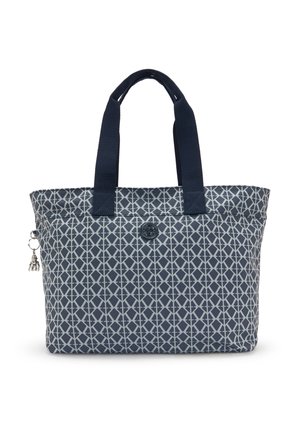 Navy tote bag featuring a geometric light gray pattern, fabric material, two sturdy handles, and a decorative keychain attachment.