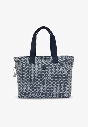 Borsa a tracolla blu navy con un motivo geometrico grigio chiaro, materiale in tessuto, due manici robusti e un attacco per portachiavi decorativo.