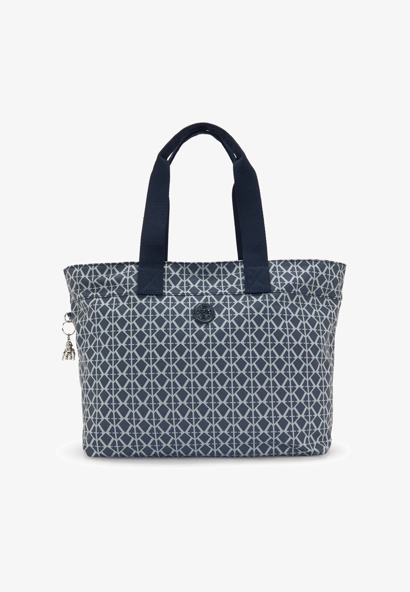 Laadukas tummansininen kangaskassi, jossa on geometrinen vaaleanharmaa kuosi, kaksi vahvaa kantohihnaa ja koristeellinen avaimenperä.