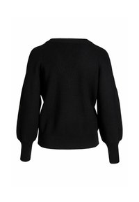 Crna pletena džemper s dugim balon rukavima i rebrastim manžetnama, rubom i izrezom, prikazan s leđa na bijeloj pozadini.