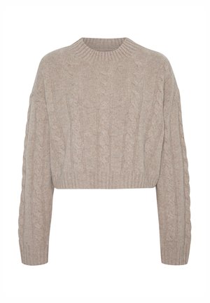 Beige cropped sweater with a cable knit design, ribbed crew neckline, and long sleeves featuring distinct textured patterns. Soft material.
