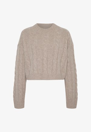 Beige cropped sweater with a cable knit design, ribbed crew neckline, and long sleeves featuring distinct textured patterns. Soft material.