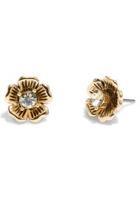 Goldene blütenförmige Ohrringe mit einem zentralen klaren Edelstein und detaillierten Blütenblatt-Designs. Stecker-Stil, polierte Oberfläche und texturierte Rückseite.