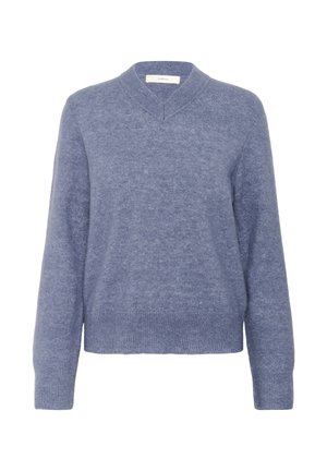 Maglione azzurro chiaro realizzato in un morbido tessuto testurizzato. Presenta un profondo scollo a V e maniche lunghe con polsini e bordo a coste.
