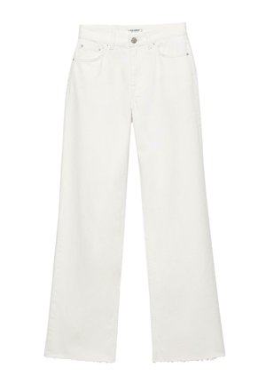 Fehér farmer, széles szárú nadrág elülső zsebekkel, övhurkokkal, gombos záródással és nyers szegélyekkel.