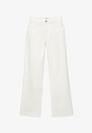Pantaloni a gamba larga in denim bianco con tasche frontali, passanti per cintura, chiusura con bottone e orli grezzi.