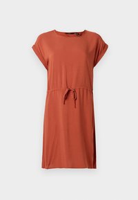 Šaty v rezavé barvě s krátkými rukávy, stahovací pas a uvolněný střih. Měkká tkanina s hladkým povrchem, délka ke kolenům.