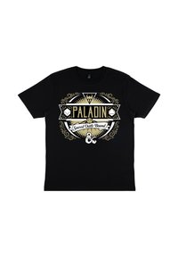 Černé bavlněné tričko s centrálním grafickým motivem, na kterém je slovo "PALADIN" bílé a zlaté barvy, obklopené dekorativními vzory a textem.
