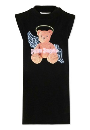 Czarna sukienka bez rękawów z motywem misia z świetlistą aureolą, neonowymi skrzydłami anioła i napisem "Palm Angels" z przodu.