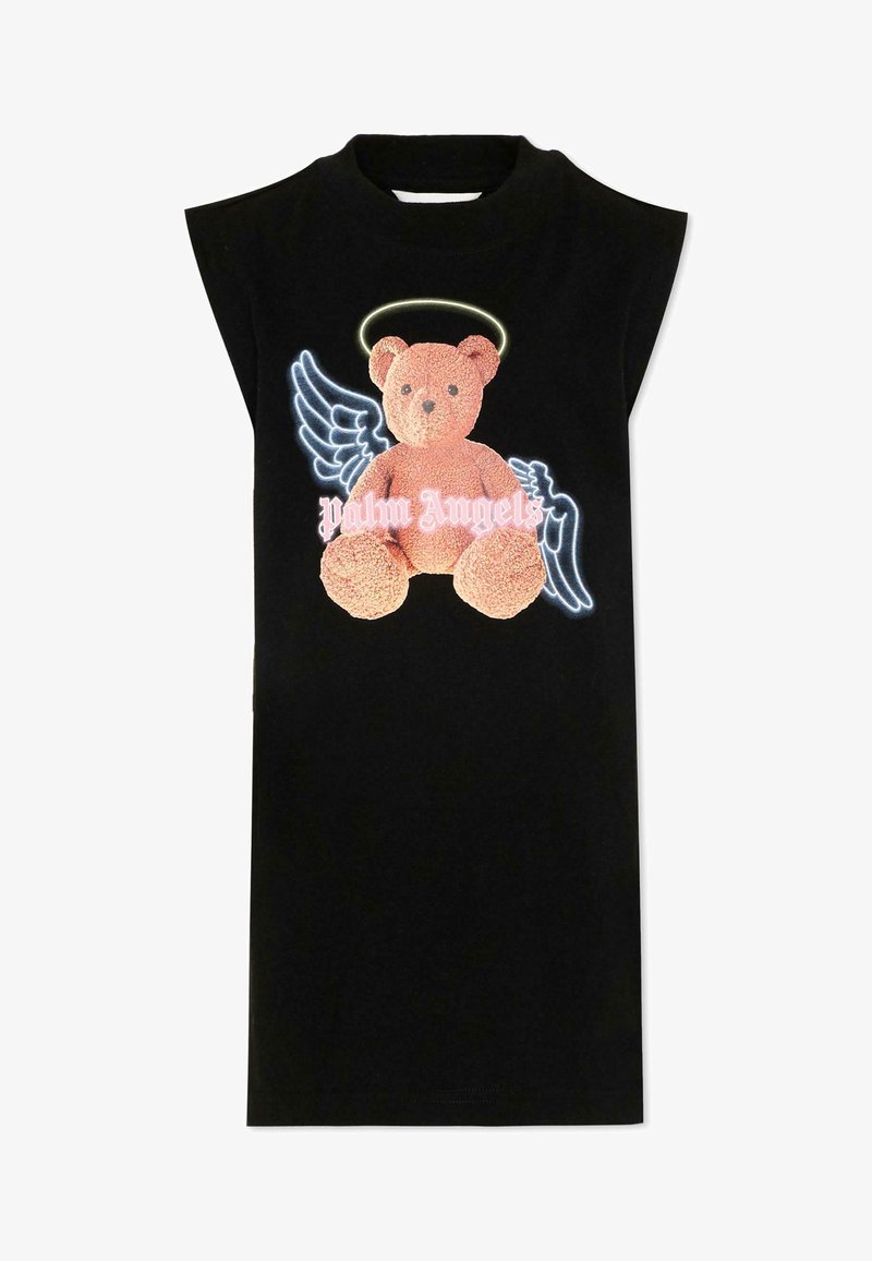 Robe noire sans manches avec un motif d'ours en peluche affichant un halo lumineux, des ailes d'ange néon et le texte "Palm Angels" sur le devant.