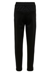 Schwarze Hosen mit elastischem Bund, zwei Gesäßtaschen, geradem Bein Design und glatter Textur. Sauberes, einfaches Design.