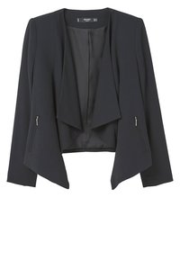 Veste courte noire à devant ouvert, manches longues et deux poches latérales zippées. Confectionnée en tissu lisse avec une coupe structurée.