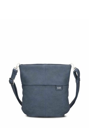 Bolso cruzado de imitación de cuero en color navy con correa ajustable, textura suave, cierre superior con cremallera y etiqueta de marca en la parte frontal.
