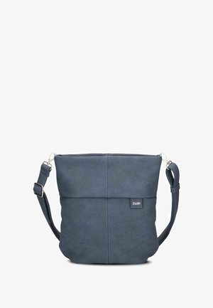 Bolso cruzado de imitación de cuero en color navy con correa ajustable, textura suave, cierre superior con cremallera y etiqueta de marca en la parte frontal.