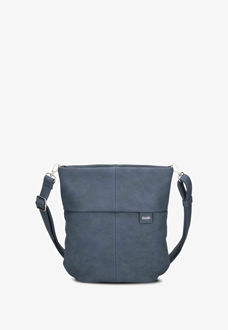 Borse a tracolla in ecopelle blu navy con tracolla regolabile, texture liscia, chiusura superiore con zip e etichetta del marchio sul davanti.